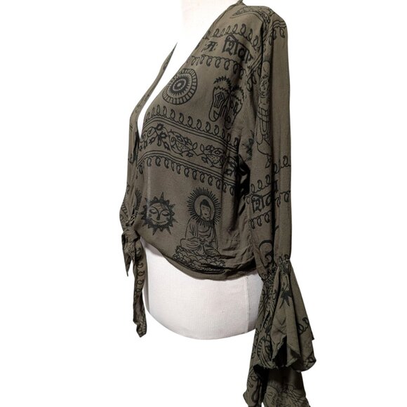 Rhea Womens Size L/XL Olive Green Hindu Ganesh Tie Front Flare Cuff Crop Top - Picture 3 of 11